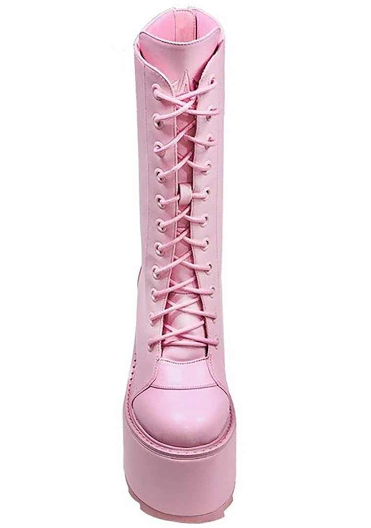 Y.R.U. Dune Lace Up Platform Boots In Baby Pink