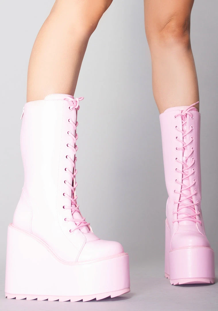 Y.R.U. Dune Lace Up Platform Boots In Baby Pink