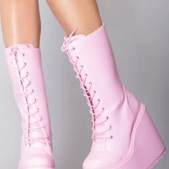 Y.R.U. Dune Lace Up Platform Boots In Baby Pink