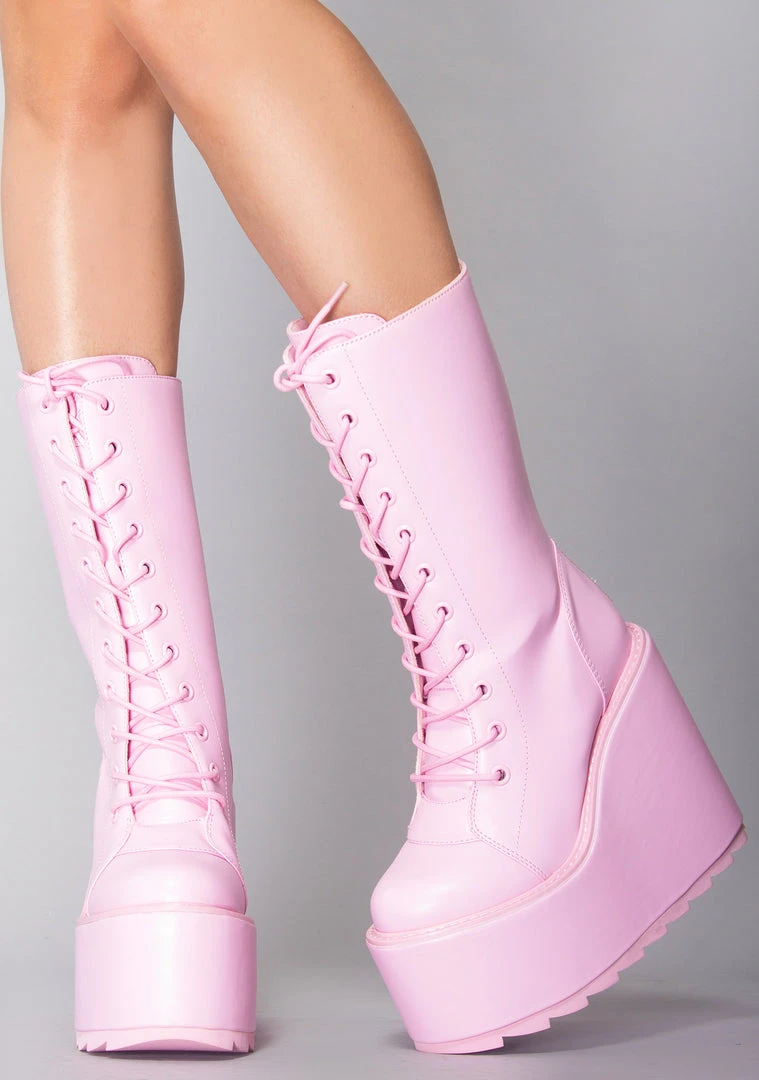 Y.R.U. Dune Lace Up Platform Boots In Baby Pink
