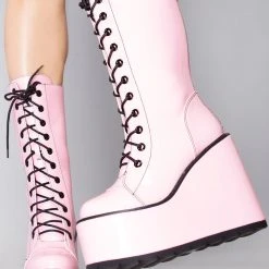 Y.R.U. Dune Lace Up Platform Boots In Pink Black Tea Room Cinema