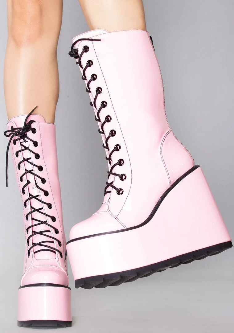 Y.R.U. Dune Lace Up Platform Boots In Pink Black Tea Room Cinema
