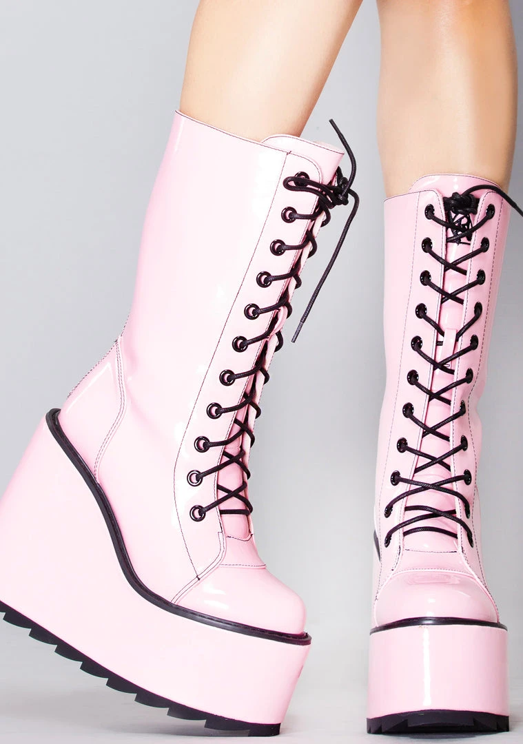 Y.R.U. Dune Lace Up Platform Boots In Pink Black Tea Room Cinema