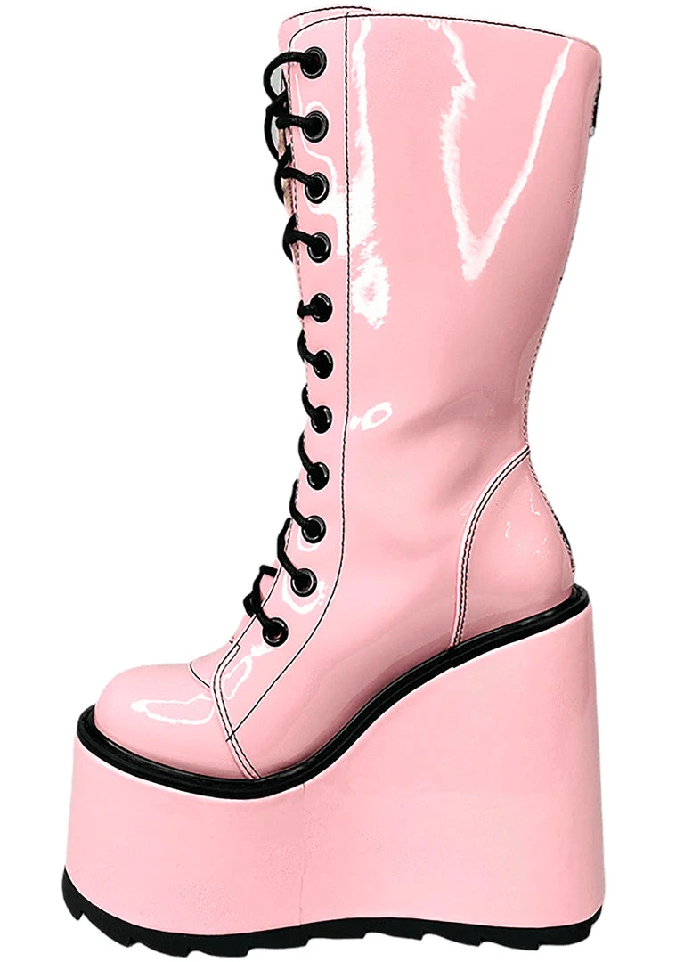 Y.R.U. Dune Lace Up Platform Boots In Pink Black Tea Room Cinema
