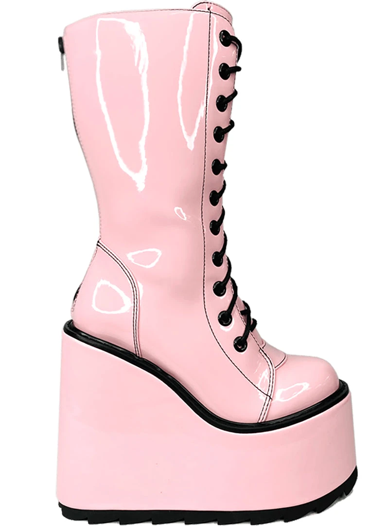 Y.R.U. Dune Lace Up Platform Boots In Pink Black Tea Room Cinema