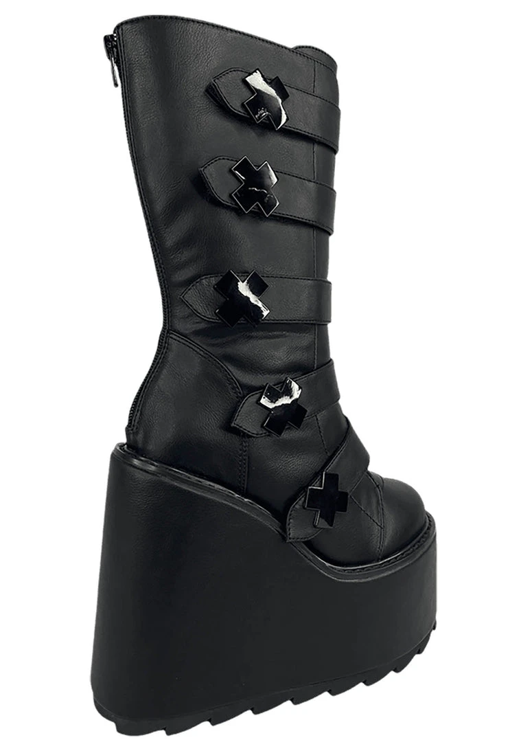 Y.R.U. Tea Room Cinema Dune Strapped X Platform Boots In Blackout