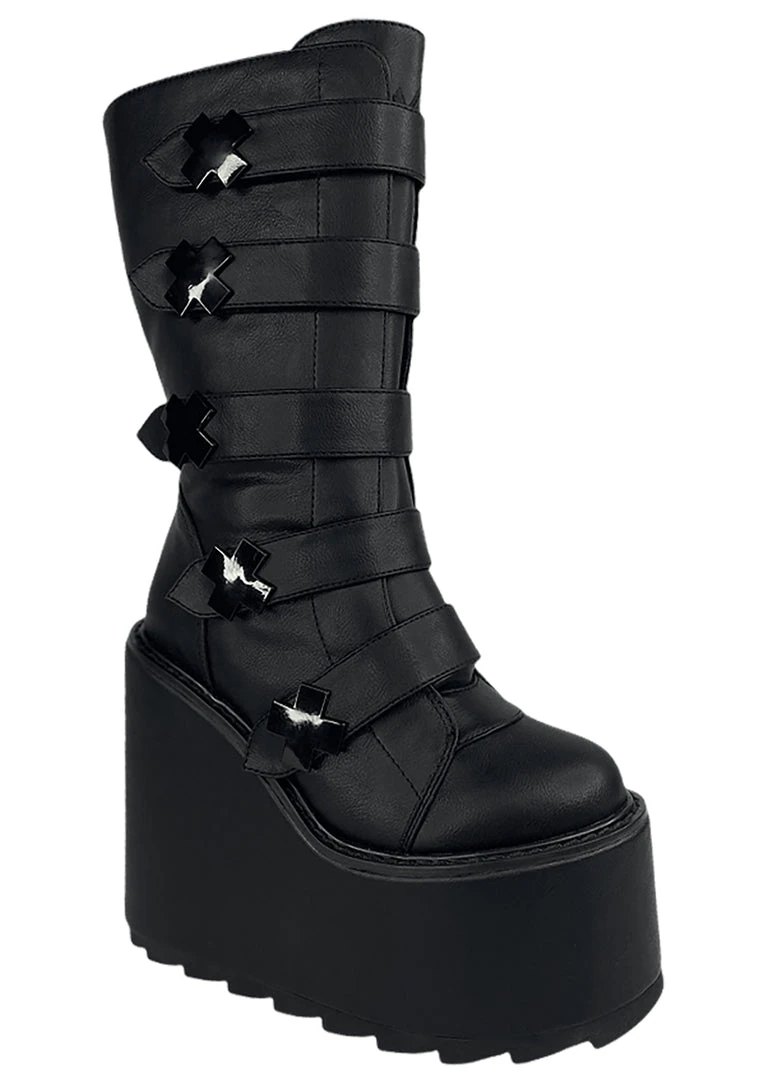 Y.R.U. Tea Room Cinema Dune Strapped X Platform Boots In Blackout
