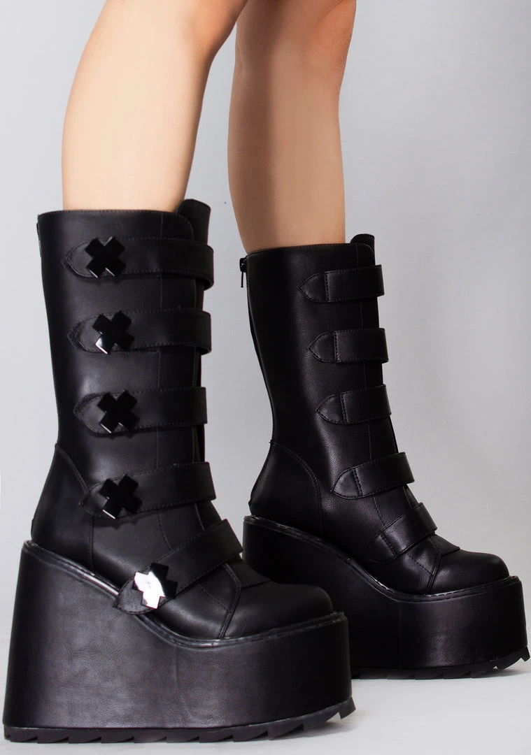 Y.R.U. Tea Room Cinema Dune Strapped X Platform Boots In Blackout