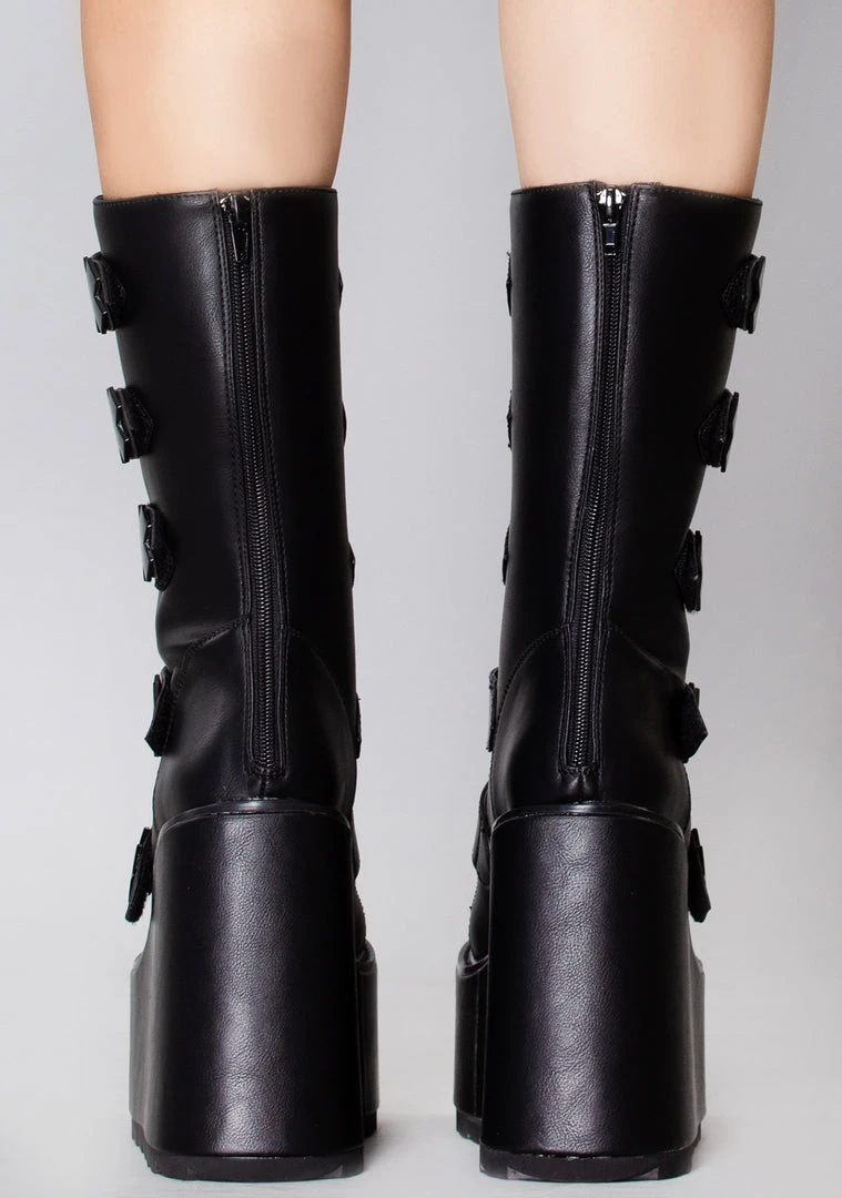 Y.R.U. Tea Room Cinema Dune Strapped X Platform Boots In Blackout
