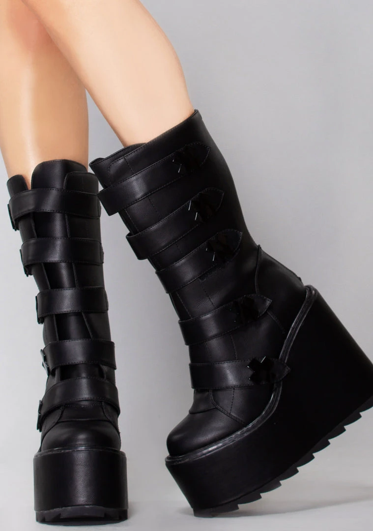 Y.R.U. Tea Room Cinema Dune Strapped X Platform Boots In Blackout