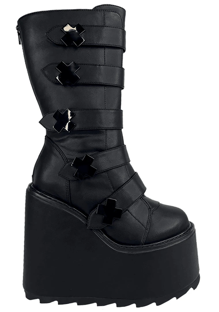 Y.R.U. Tea Room Cinema Dune Strapped X Platform Boots In Blackout