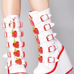 Y.R.U. Shoes Dune Strawberry Platform Boots In White/Red
