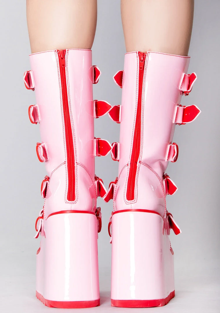 Y.R.U. New Dune Valentine Platform Boots In Pink Red