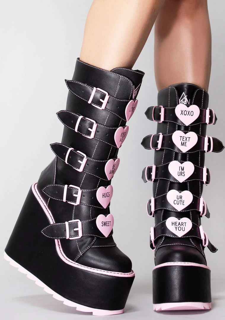 Y.R.U. New Dune Valentine Platform Boots In Black Pink