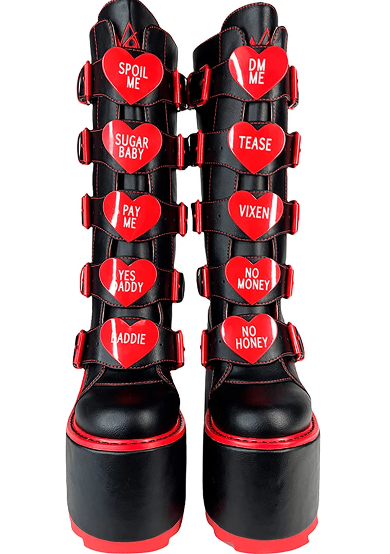 Y.R.U. New Dune Valentine Platform Boots In Black Red