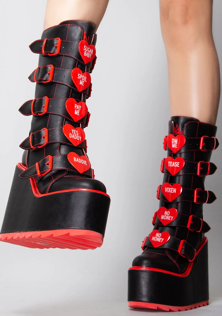 Y.R.U. New Dune Valentine Platform Boots In Black Red