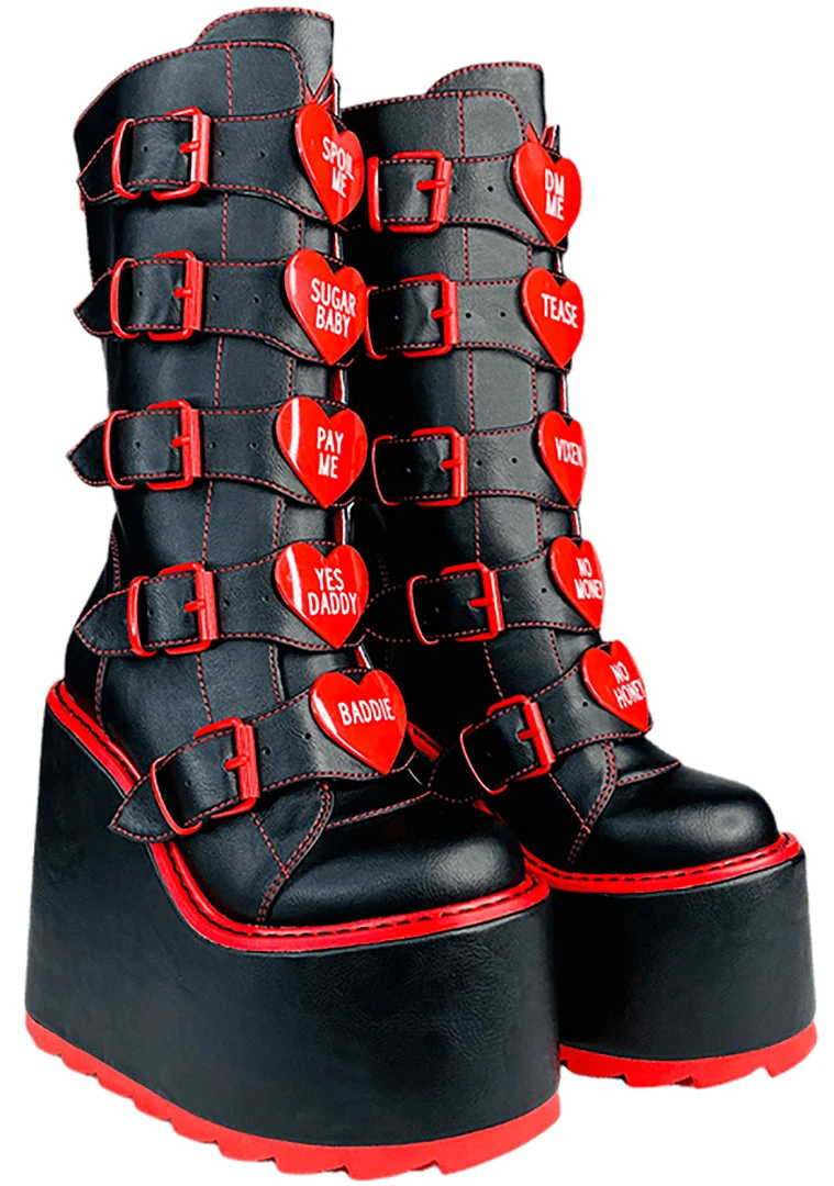 Y.R.U. New Dune Valentine Platform Boots In Black Red