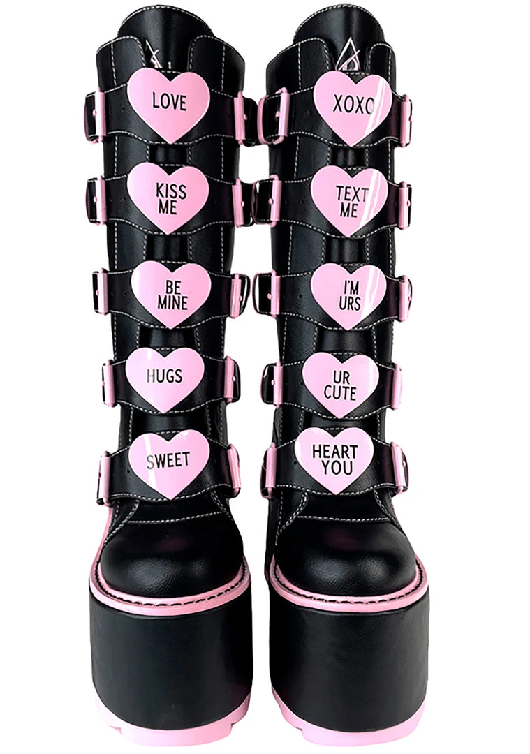 Y.R.U. New Dune Valentine Platform Boots In Black Pink