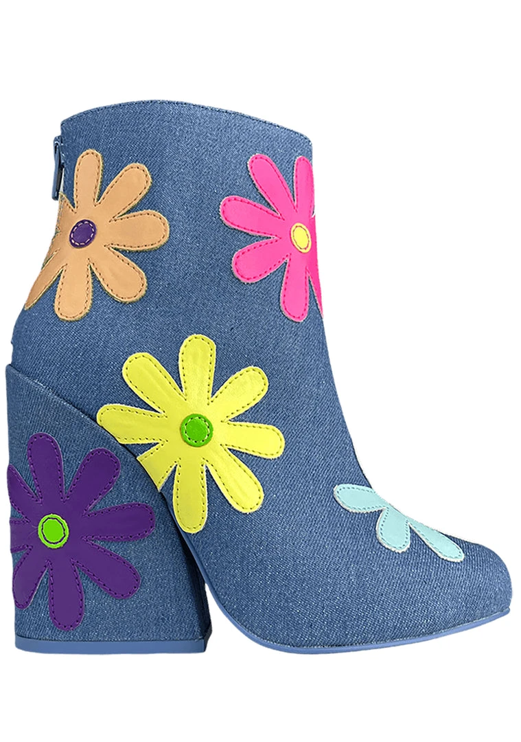 Y.R.U. New Jem Daisies Ankle Boots In Denim