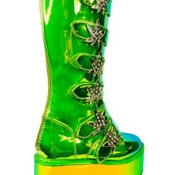 Y.R.U. Mad World Karma Hi Weed Platform Boots In Green Atlantis