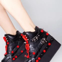 Y.R.U. Qozmo Bondage Rose Platform Sneakers In Black Red Wild Heart