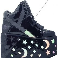 Y.R.U. Qozmo Moon & Star Platform Sneakers In Black Reflective
