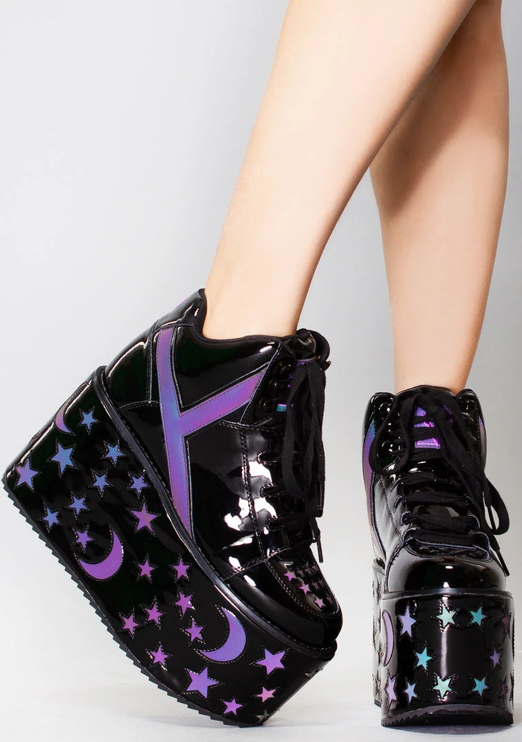 Y.R.U. Qozmo Moon & Star Platform Sneakers In Black Reflective