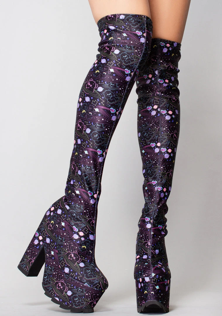 Y.R.U. X Care Bears Labyrinth Platform Thigh High Boots In Cosmic Black New