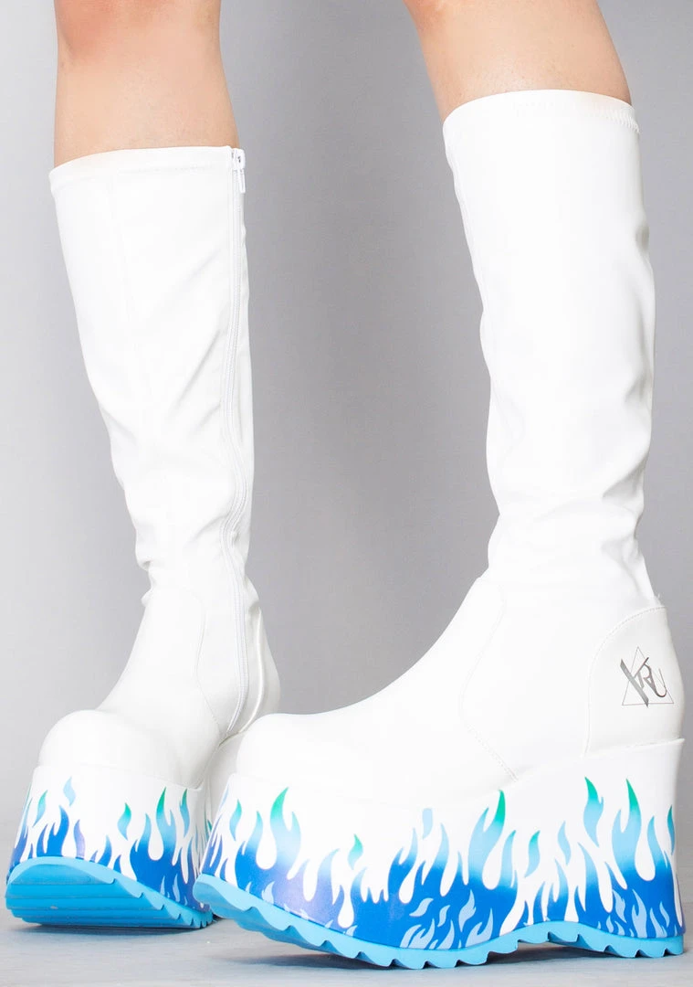 Y.R.U. Mad World Zen Flame Platform Boots In White