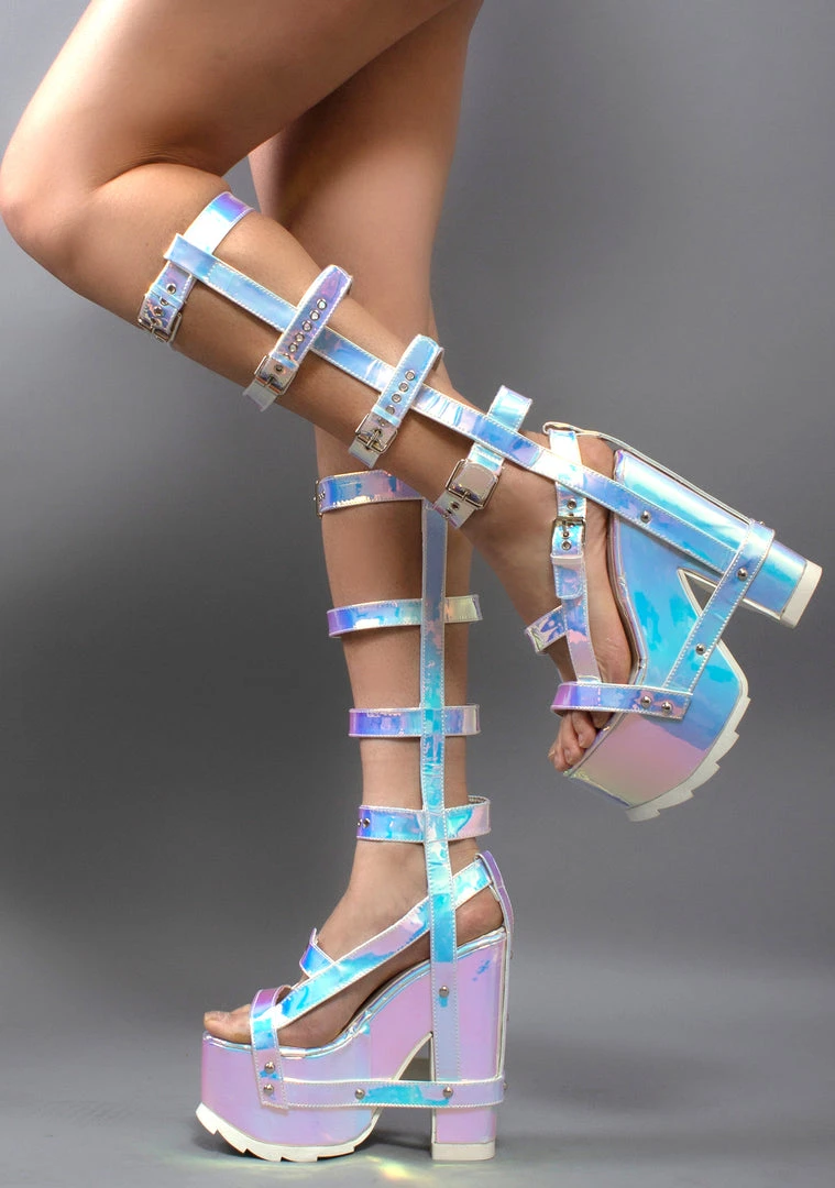 Y.R.U. Shoes Nightcall Hi Atlantis Platform Heels In Holographic Glow